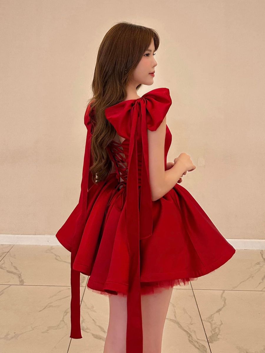 Chic Red Square Neck Shoulder Bow Strap Satin A Line Short Homecoming Dress Birthday Dress AS3544