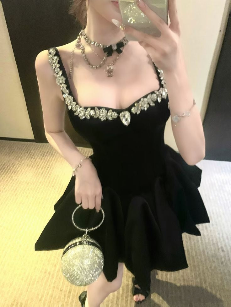 Glam Black Sweetheart Rhinestone Strap A Line Short Homecoming Dress Birthday Dress AS3545
