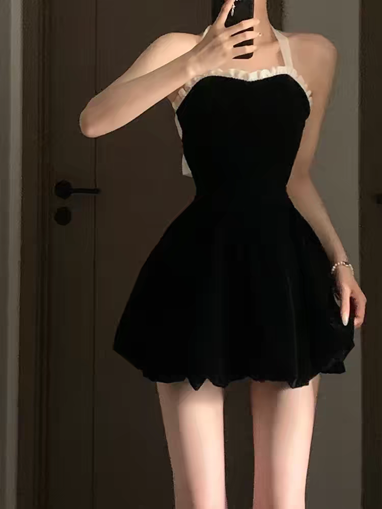 Chic Black Velvet Halter White Ruffle Trim Back Bow A Line Short Homecoming Dress Birthday Dress AS3546