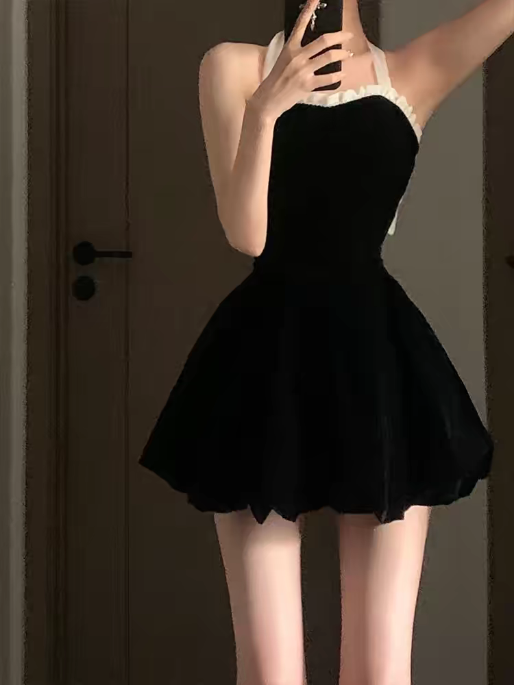 Chic Black Velvet Halter White Ruffle Trim Back Bow A Line Short Homecoming Dress Birthday Dress AS3546