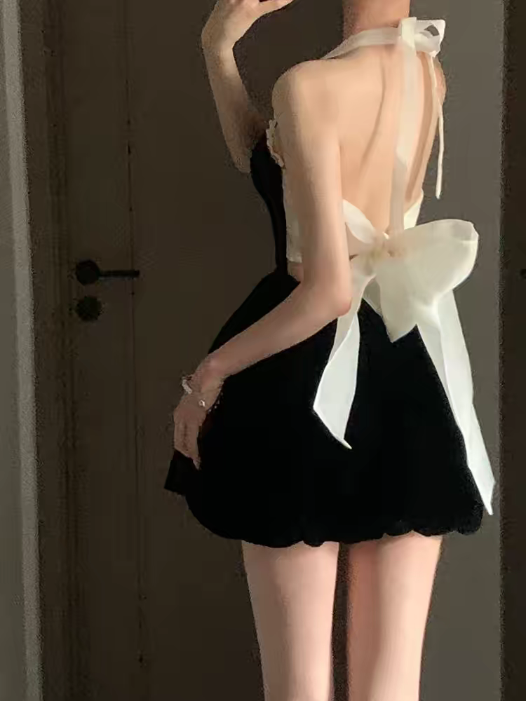 Chic Black Velvet Halter White Ruffle Trim Back Bow A Line Short Homecoming Dress Birthday Dress AS3546
