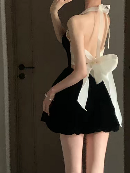Chic Black Velvet Halter White Ruffle Trim Back Bow A Line Short Homecoming Dress Birthday Dress AS3546