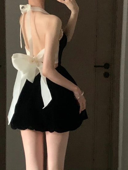 Chic Black Velvet Halter White Ruffle Trim Back Bow A Line Short Homecoming Dress Birthday Dress AS3546