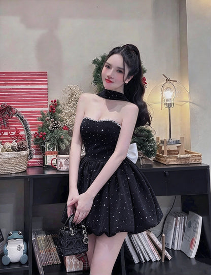 Glam Burgundy Halter Rhinestone Sequin Bow A Line Short Homecoming Dress Birthday Dress AS3548