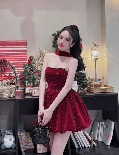 Glam Burgundy Halter Rhinestone Sequin Bow A Line Short Homecoming Dress Birthday Dress AS3548