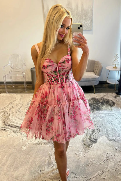 Romantic Pink Floral A-Line Straps Short Print Tulle Homecoming Dress AS355