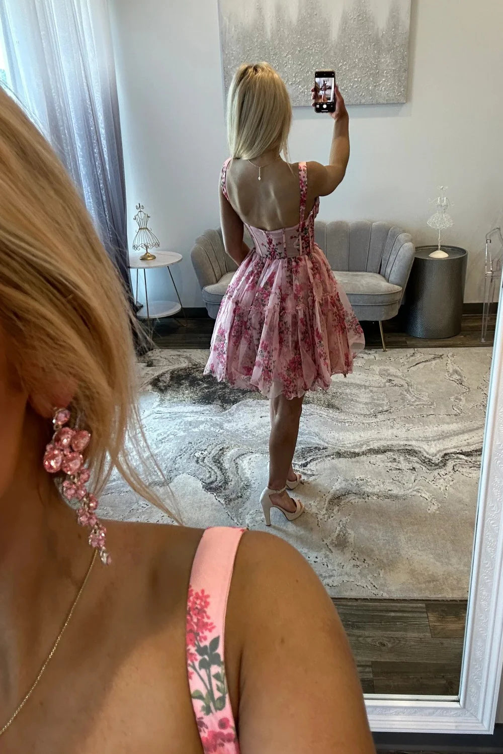 Romantic Pink Floral A-Line Straps Short Print Tulle Homecoming Dress AS355