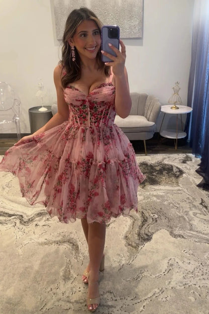 Romantic Pink Floral A-Line Straps Short Print Tulle Homecoming Dress AS355