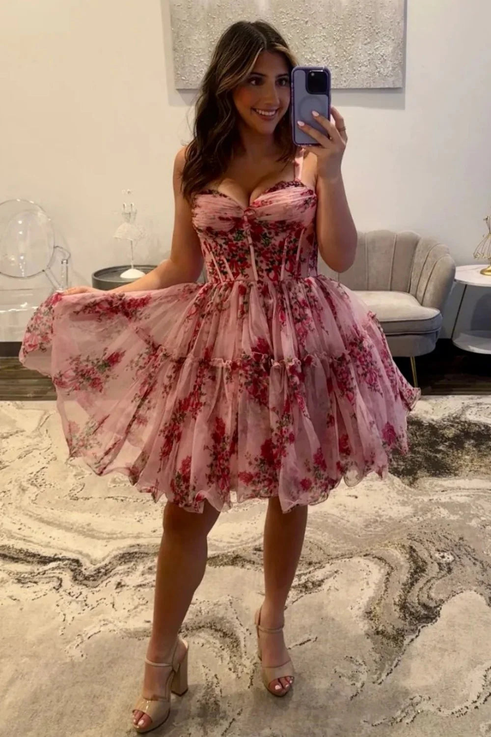 Romantic Pink Floral A-Line Straps Short Print Tulle Homecoming Dress AS355
