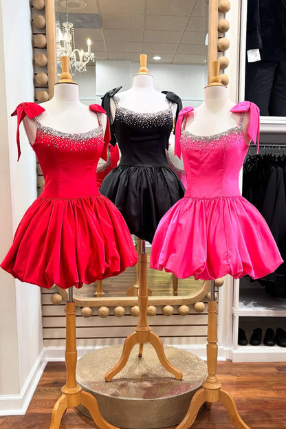Charming A-Line Beaded Top Short Satin Homecoming Dress With Bowknots AS356