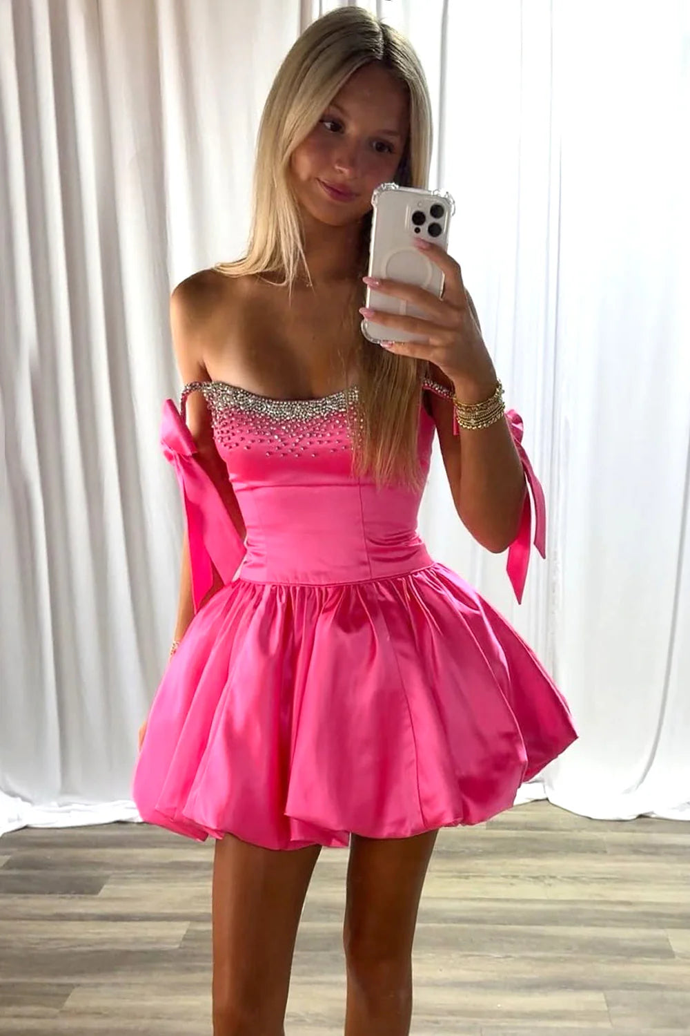 Charming A-Line Beaded Top Short Satin Homecoming Dress With Bowknots AS356