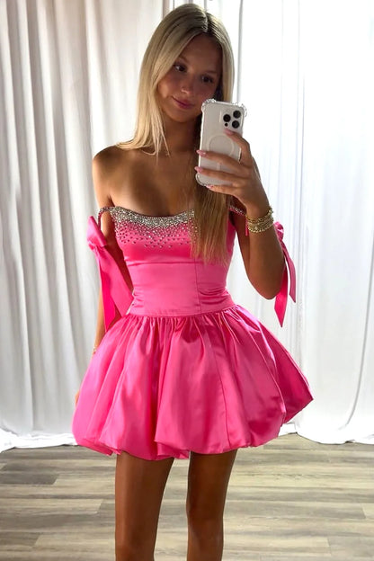 Charming A-Line Beaded Top Short Satin Homecoming Dress With Bowknots AS356