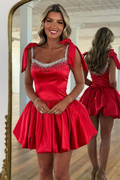 Charming A-Line Beaded Top Short Satin Homecoming Dress With Bowknots AS356
