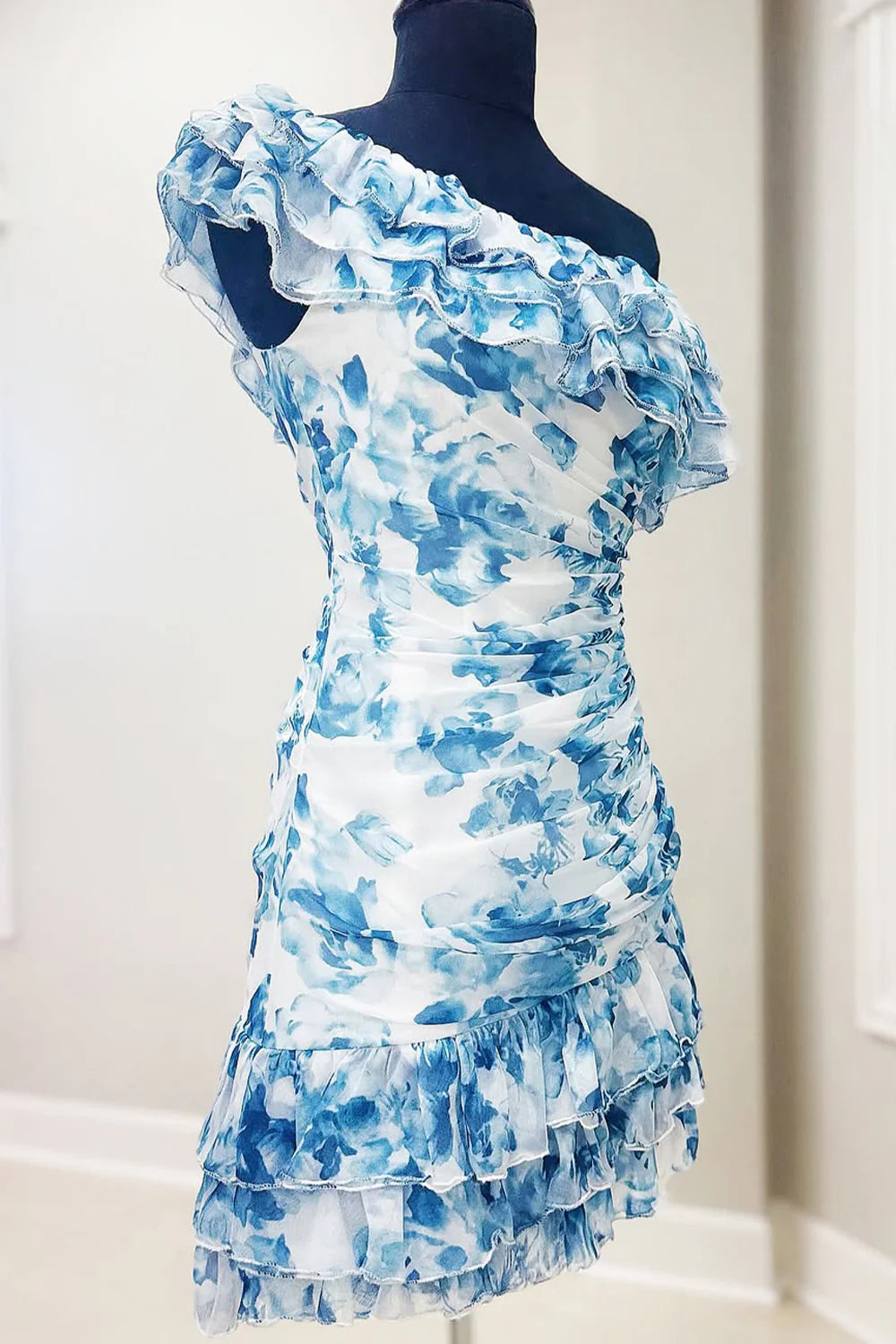 Cute One Shoulder Short Tight Print Homecoming Dress With Ruffle AS357