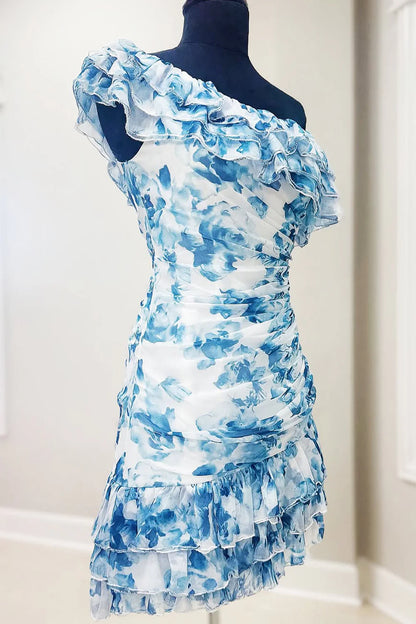 Cute One Shoulder Short Tight Print Homecoming Dress With Ruffle AS357