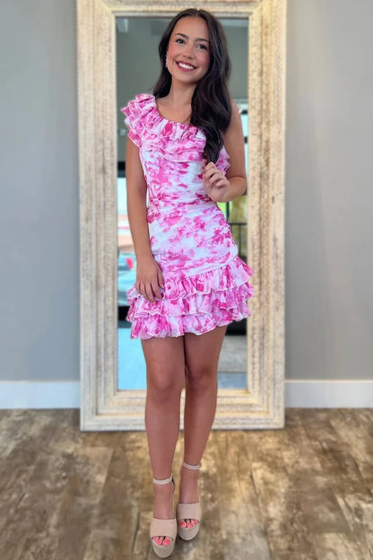 Cute One Shoulder Short Tight Print Homecoming Dress With Ruffle AS357