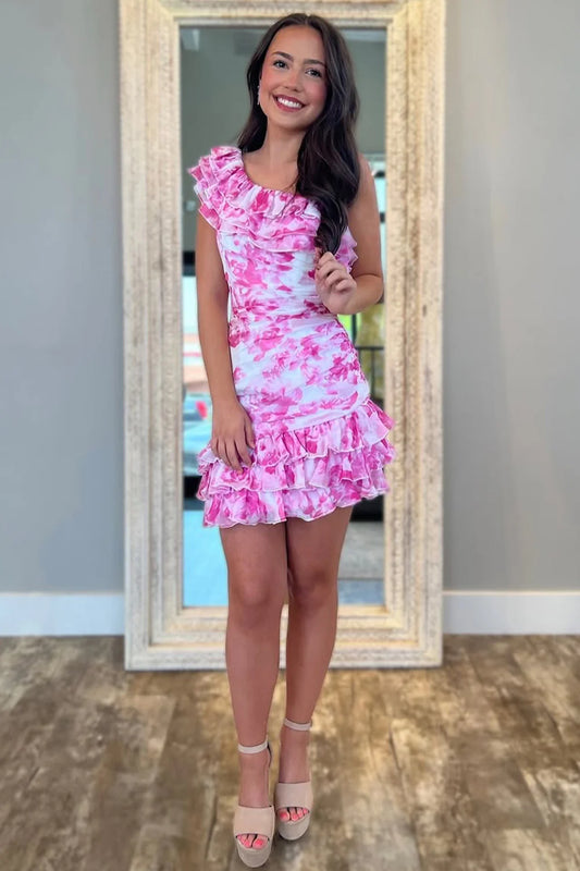 Cute One Shoulder Short Tight Print Homecoming Dress With Ruffle AS357