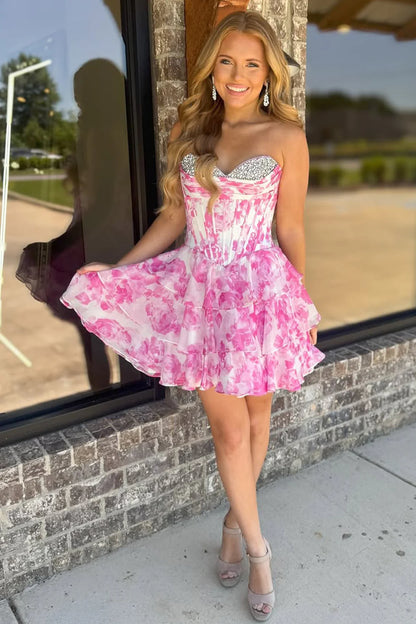 Romantic A-Line Sweetheart Tiered Print Chiffon Homecoming Dress With Beading AS358