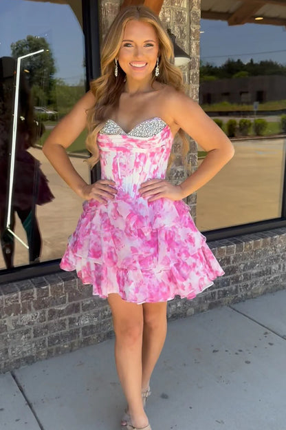 Romantic A-Line Sweetheart Tiered Print Chiffon Homecoming Dress With Beading AS358