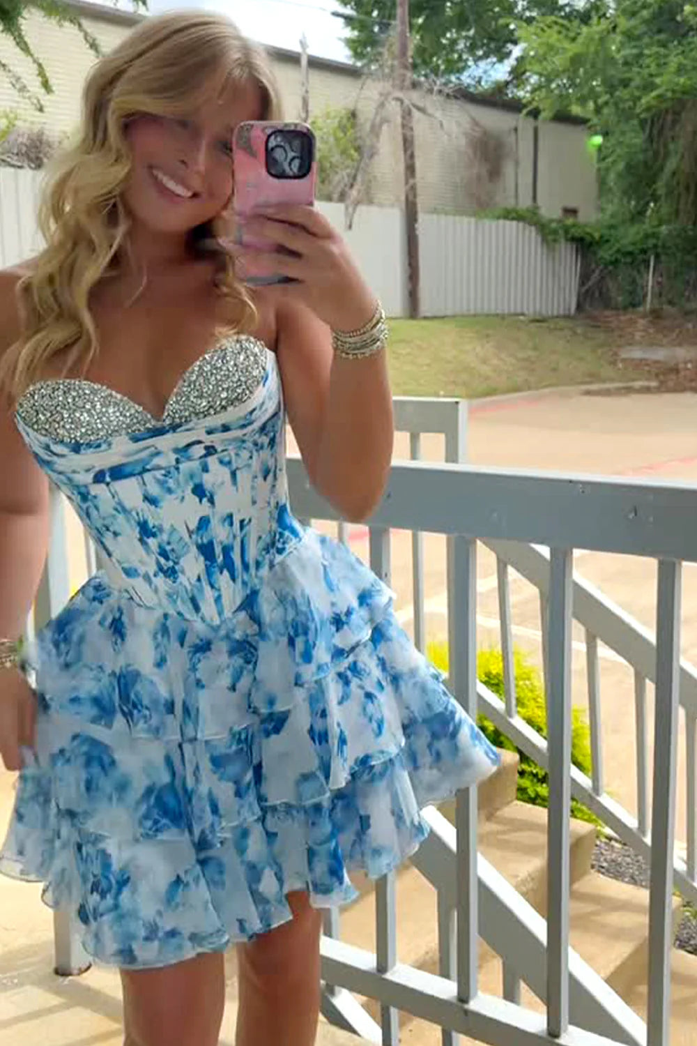 Romantic A-Line Sweetheart Tiered Print Chiffon Homecoming Dress With Beading AS358