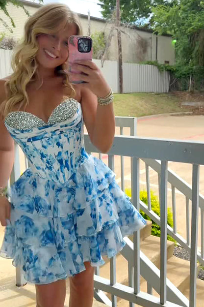 Romantic A-Line Sweetheart Tiered Print Chiffon Homecoming Dress With Beading AS358