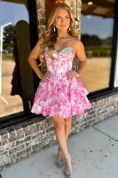 Romantic A-Line Sweetheart Tiered Print Chiffon Homecoming Dress With Beading AS358