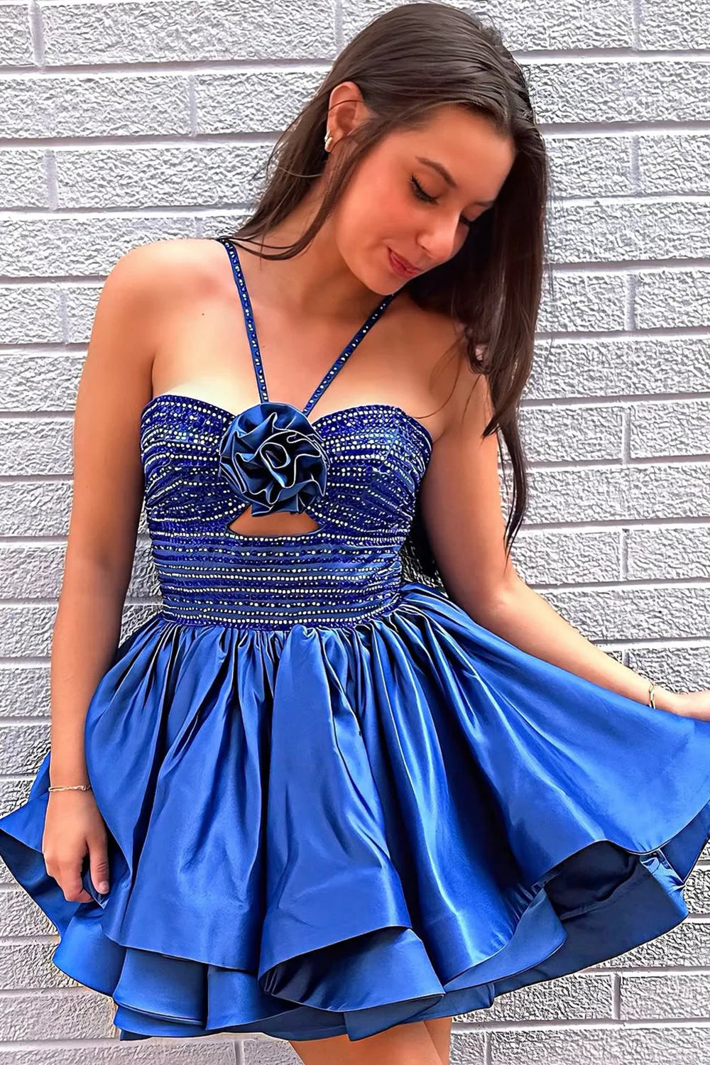 Vibrant Royal Blue A-Line Halter Neck Beaded Top Short Satin Homecoming Dress AS359
