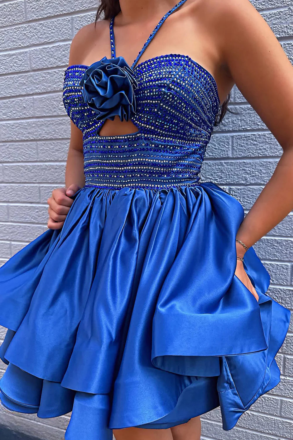Vibrant Royal Blue A-Line Halter Neck Beaded Top Short Satin Homecoming Dress AS359