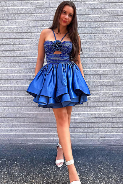 Vibrant Royal Blue A-Line Halter Neck Beaded Top Short Satin Homecoming Dress AS359