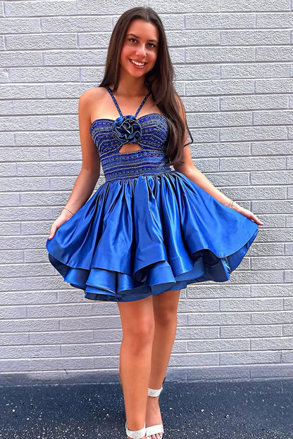 Vibrant Royal Blue A-Line Halter Neck Beaded Top Short Satin Homecoming Dress AS359