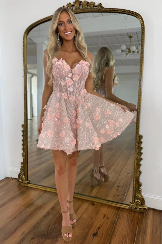 Pink Delicate A-Line Spaghetti Straps Glitter Homecoming Dress With 3D Flowers AS362