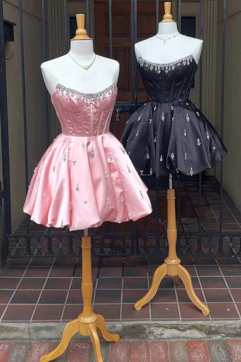 Dreamy A-Line Strapless Short Satin Homecoming Dress With Beading AS363