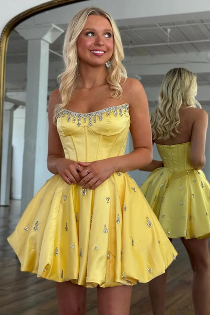 Dreamy A-Line Strapless Short Satin Homecoming Dress With Beading AS363