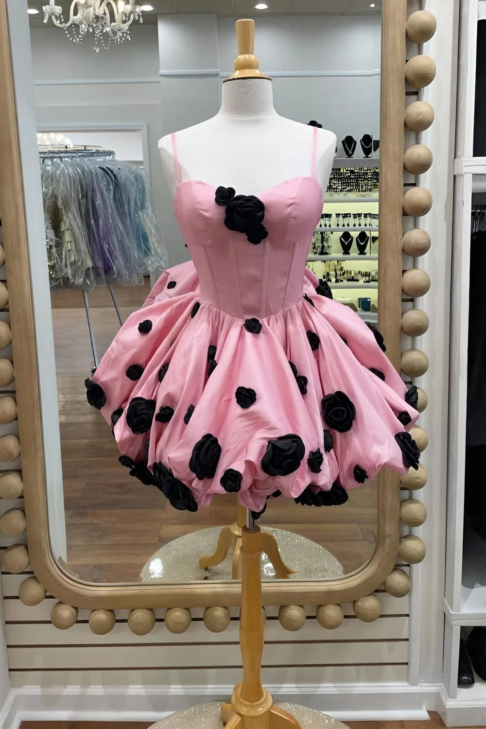 Sweetheart Pink A-Line Spaghetti Straps Homecoming Dress With Black 3D Flowers AS368