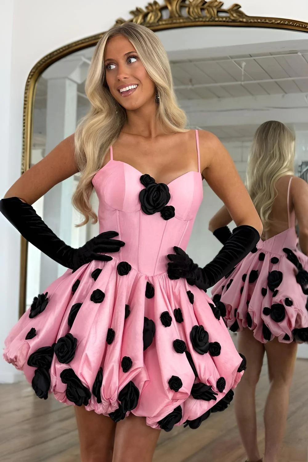 Sweetheart Pink A-Line Spaghetti Straps Homecoming Dress With Black 3D Flowers AS368