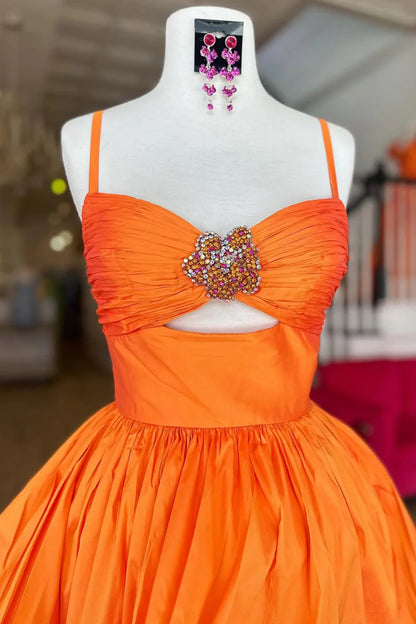 Cute A-Line Spaghetti Straps Short Satin Homecoming Dress With Beading AS370