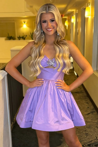 Cute A-Line Spaghetti Straps Short Satin Homecoming Dress With Beading AS370