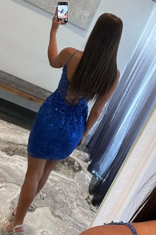 Gorgeous Glitter Bodycon Short Dress With Spaghetti Straps And Lace Up Back Homecoming Dress AS375