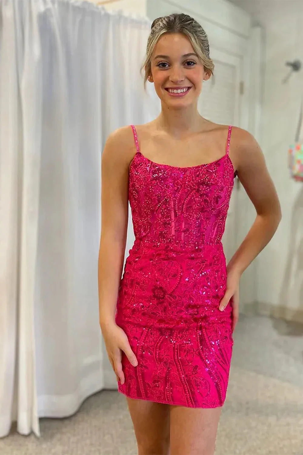 Gorgeous Glitter Bodycon Short Dress With Spaghetti Straps And Lace Up Back Homecoming Dress AS375