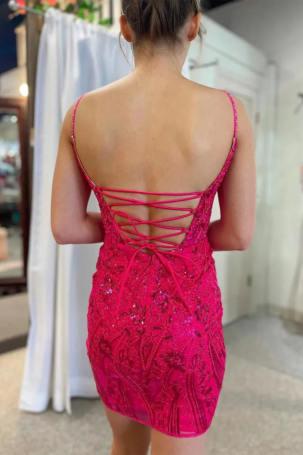 Gorgeous Glitter Bodycon Short Dress With Spaghetti Straps And Lace Up Back Homecoming Dress AS375