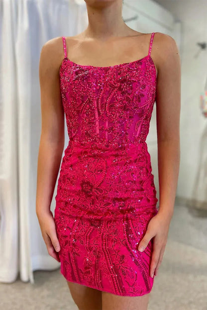 Gorgeous Glitter Bodycon Short Dress With Spaghetti Straps And Lace Up Back Homecoming Dress AS375