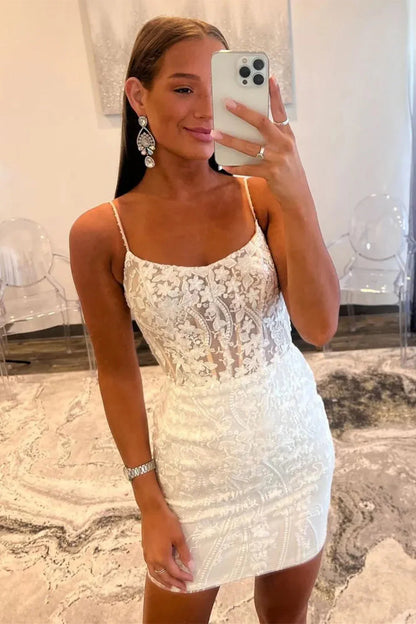 Gorgeous Glitter Bodycon Short Dress With Spaghetti Straps And Lace Up Back Homecoming Dress AS375