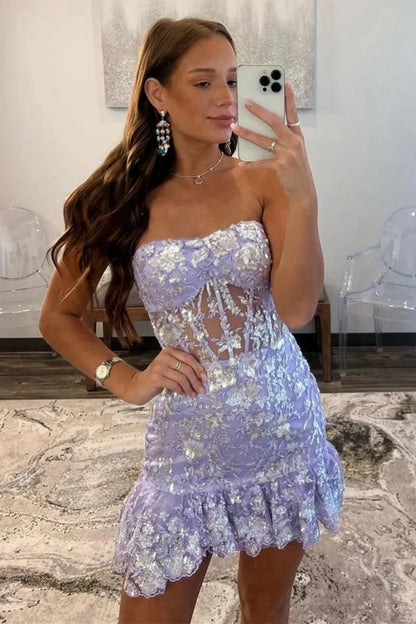 Gorgeous Lilac Strapless Sparkly Tight Short Dress With Sequin Accents Homecoming Dress AS376