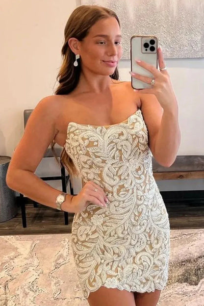 Champagne Strapless Bodycon Short Dress With Beaded Details Homecoming Dress AS377