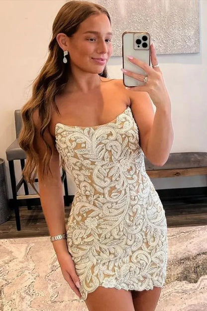 Champagne Strapless Bodycon Short Dress With Beaded Details Homecoming Dress AS377
