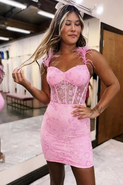 Stunning Bodycon Dress With Feather Spaghetti Straps and Lace Up Glitter Homecoming Dress AS379