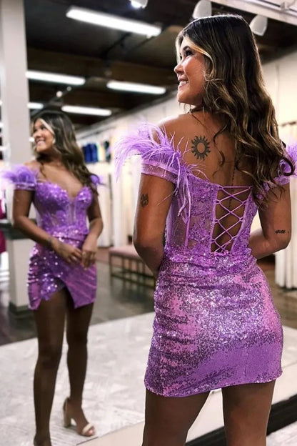 Gorgeous Bodycon Off The Shoulder Lace Up Sequin Dress With Feather Homecoming Dress AS380
