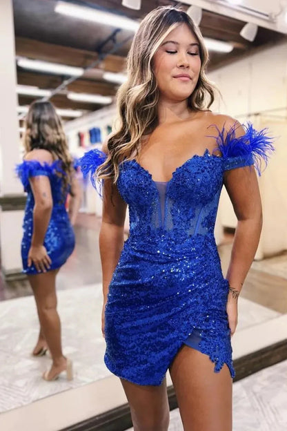 Gorgeous Bodycon Off The Shoulder Lace Up Sequin Dress With Feather Homecoming Dress AS380