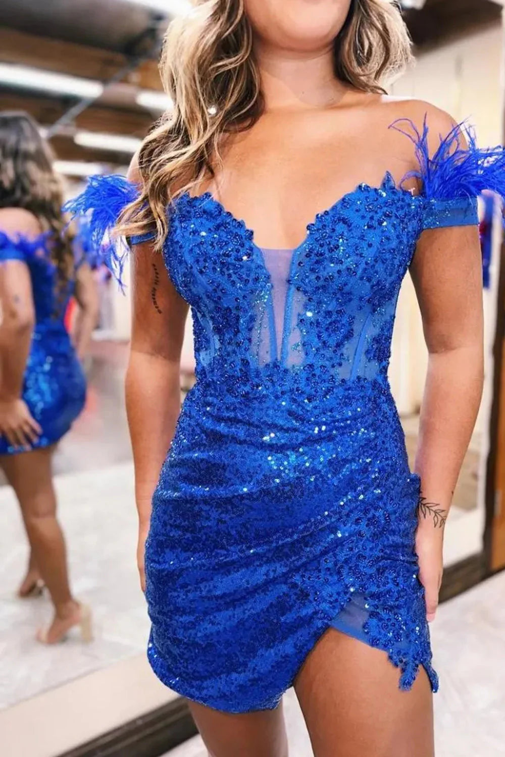 Gorgeous Bodycon Off The Shoulder Lace Up Sequin Dress With Feather Homecoming Dress AS380