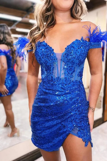 Gorgeous Bodycon Off The Shoulder Lace Up Sequin Dress With Feather Homecoming Dress AS380